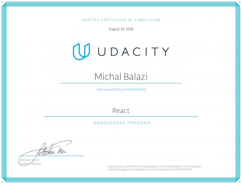 Developer certificate – React Nanodegree from Udacity