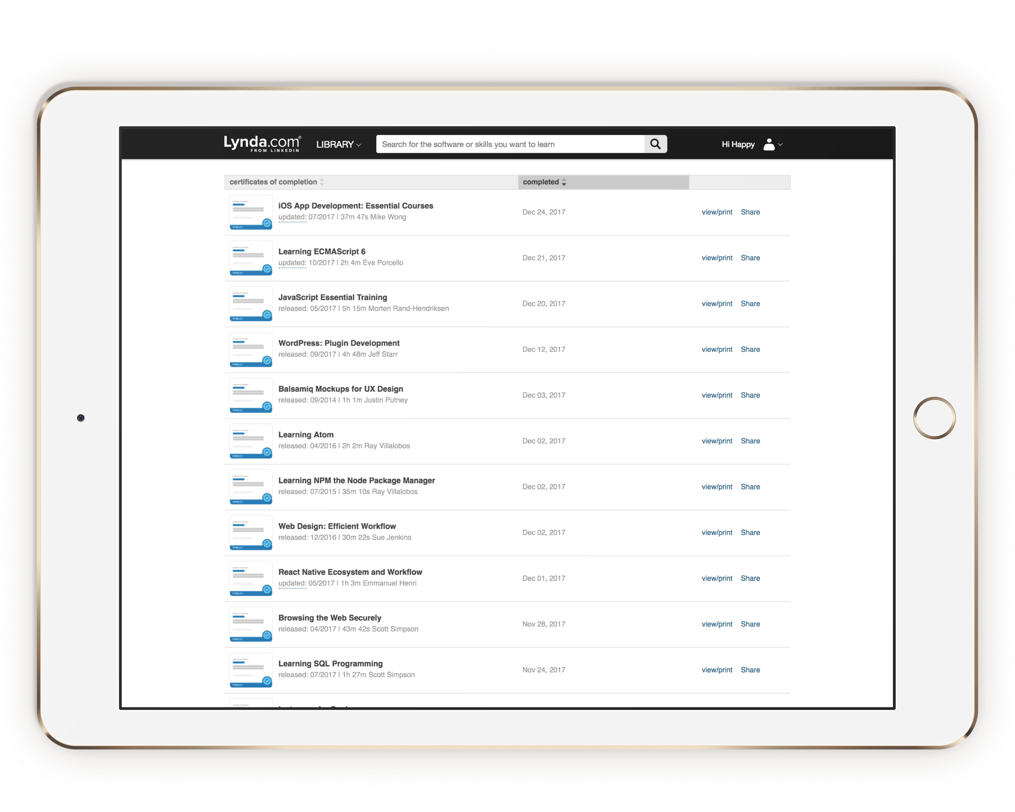 Lynda.com certification screenshot